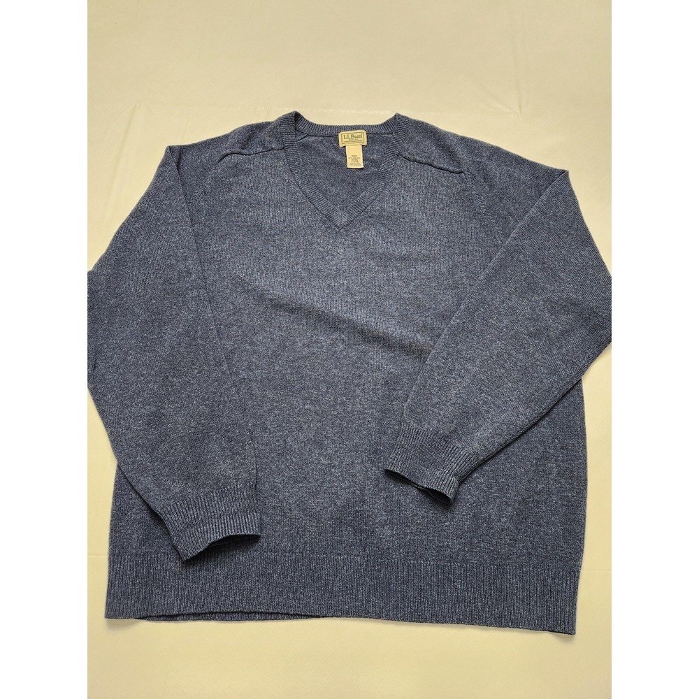 LL Bean Sweater Mens XL Blue Heather V Neck Lambswool Pullover Knit Grandpa